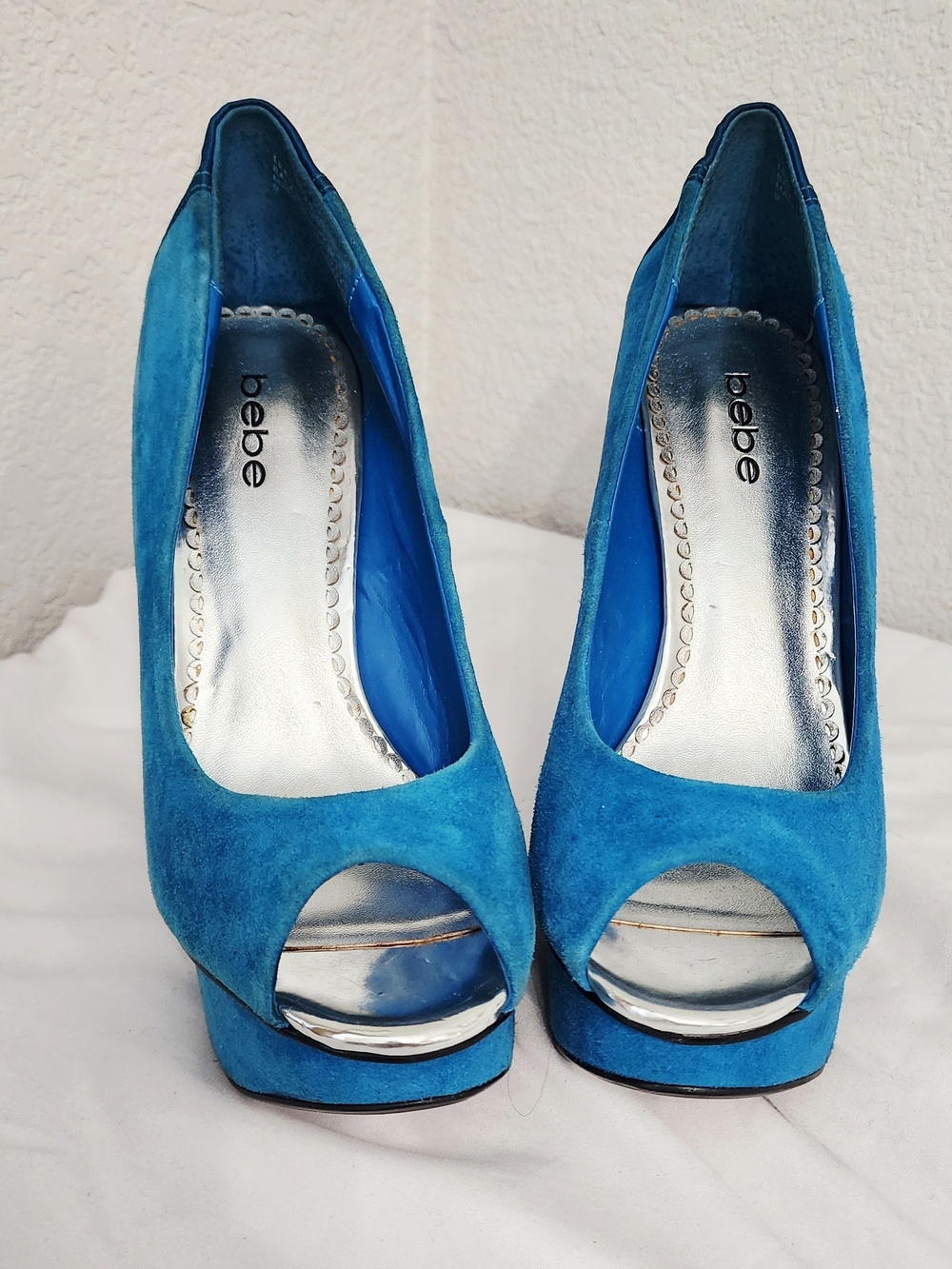 bebe Blue Suede Peep-Toe Platform Heels with Silver Toe Accent